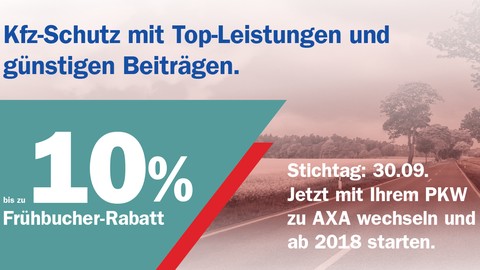 Kfz-Versicherung: Frühbucher sparen Geld - Wer sich bis zum 30. September für einen Wechsel zur Kfz-Versicherung von AXA entscheidet, spart bis zu zehn Prozent auf den Versicherungsbeitrag