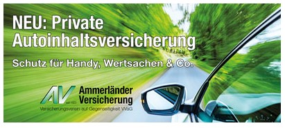 Privater Autoinhalt auch im Campingwagen oder Mietfahrzeug versichert - Ammerländer Versicherung erweitert Produkt / Private Autoinhaltsversicherung: Neue Bausteine und erweiterter Nutzerkreis.