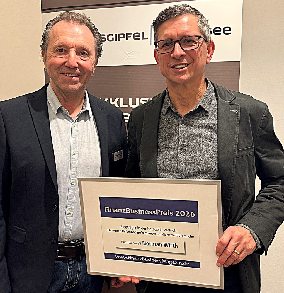 FinanzBusinessPreis 2026 für Rechtsanwalt Norman Wirth - Ehrenpreis für besondere Verdienste um die Vermittlerbranche